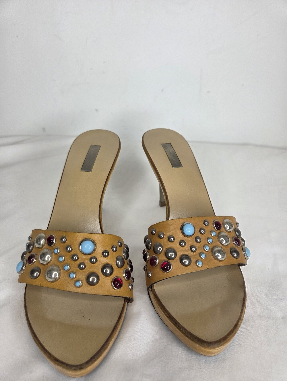 Mario Bologna Size 40 Studded Tan Slide Mules with Multicolor Gem Accents - Picture 2 of 14
